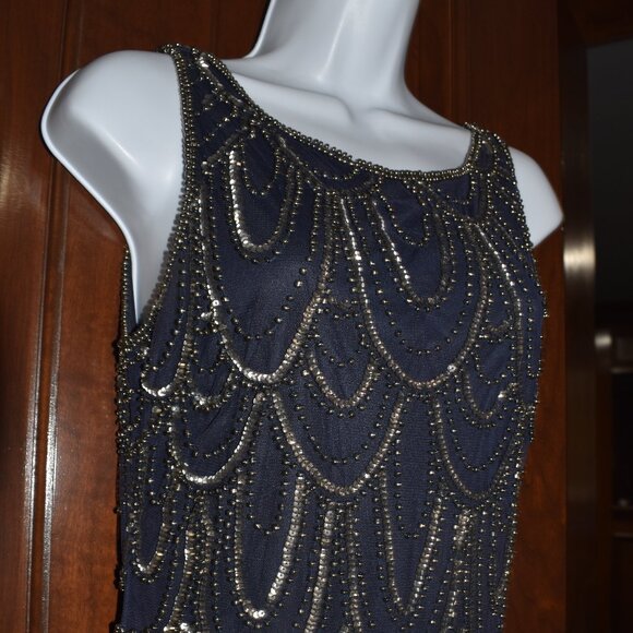 Prelude Beaded Gatsby Cocktail Party Dress Sz 6 Navy Blue Sparkly Party - Picture 4 of 16